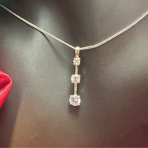 Sterling Silver Drop Pendant Necklace 3-Stone CZ - Picture 3 of 9